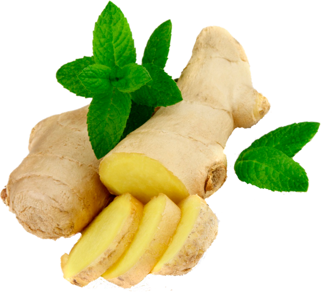 A Ginger Root With Slices And Leaves