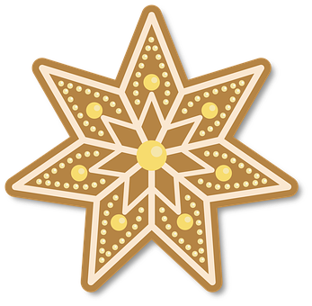 A Gingerbread Star With Gold And White Decorations