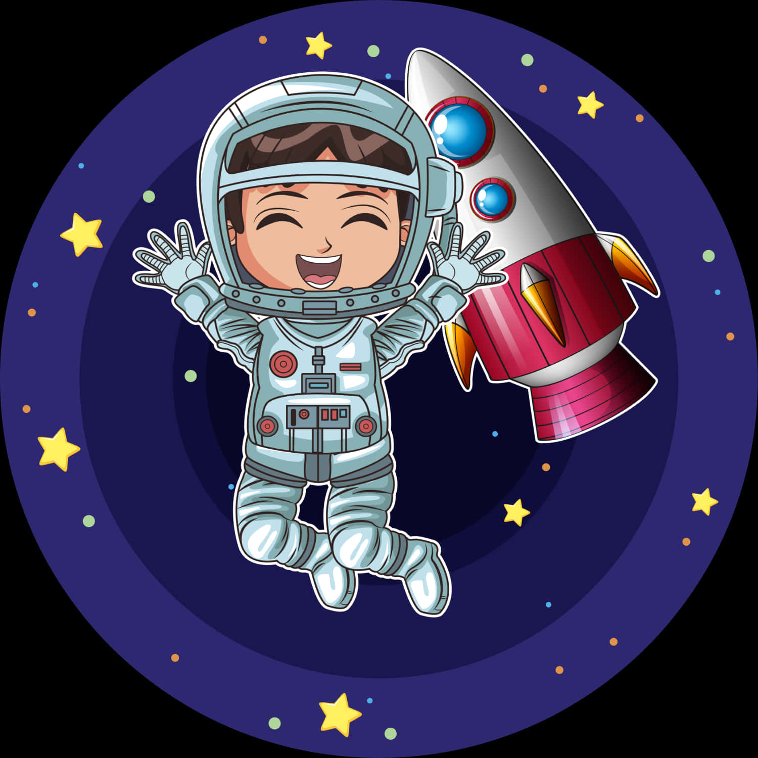 A Cartoon Of A Boy In Space Suit And A Rocket