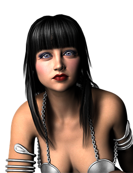 A Woman With Long Black Hair And A Necklace