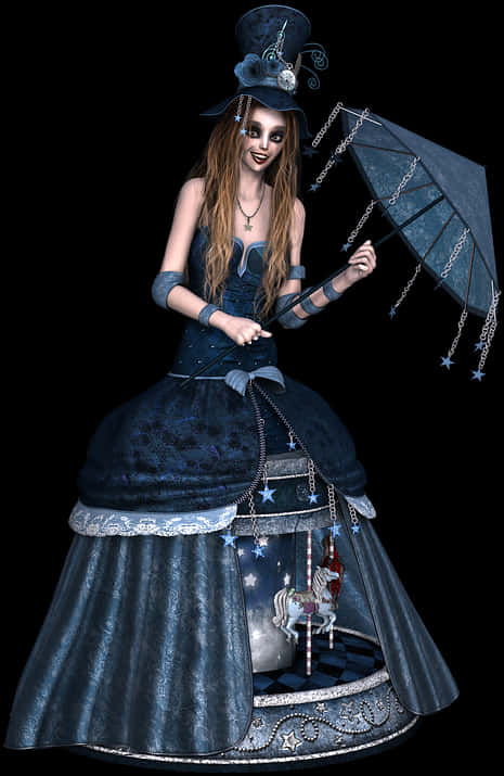 A Woman In A Blue Dress Holding An Umbrella