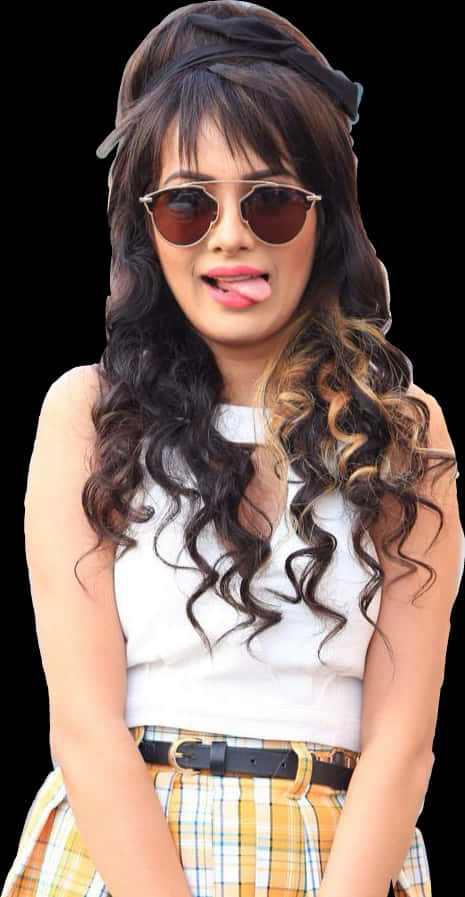 A Woman Wearing Sunglasses And Sticking Her Tongue Out