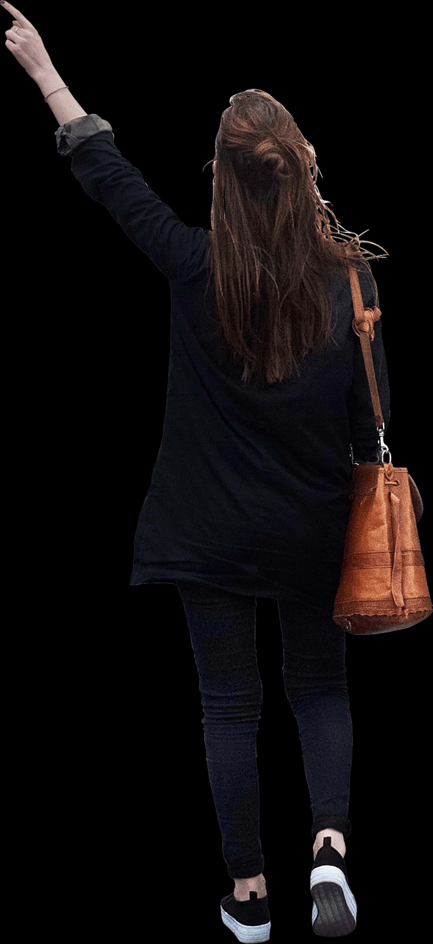 A Woman With Long Brown Hair And A Brown Purse