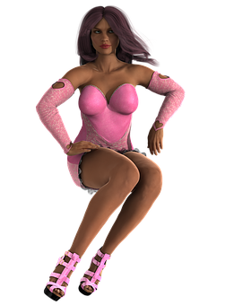 A Woman In Pink Outfit Sitting On A Black Background