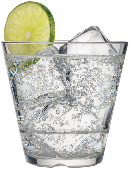 A Glass Of Clear Liquid With Ice And Lime Wedge