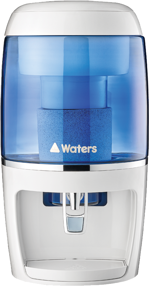 A Water Filter Dispenser With A Blue Container