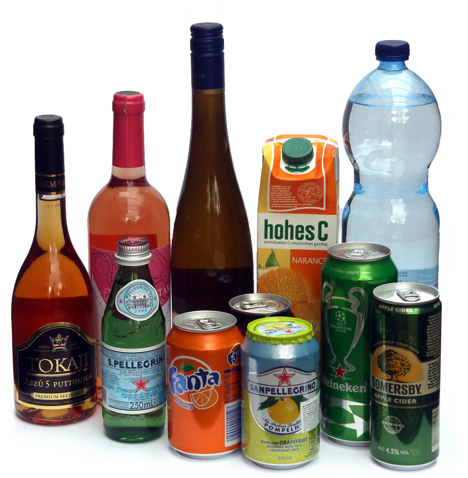 A Group Of Bottles And Cans Of Beverages