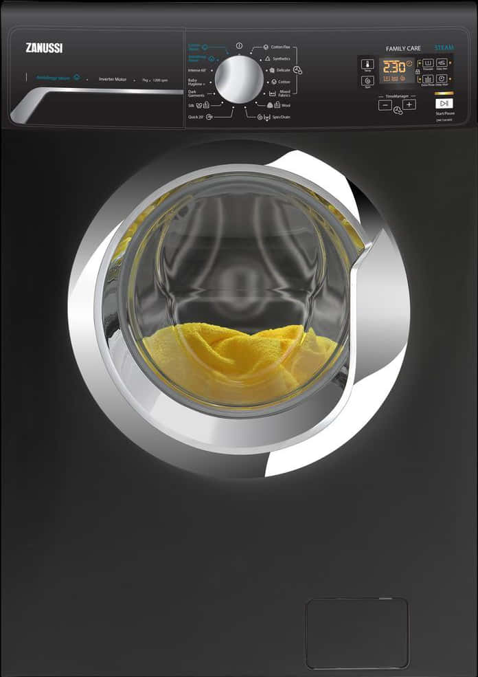 A Washing Machine With A Yellow Cloth Inside