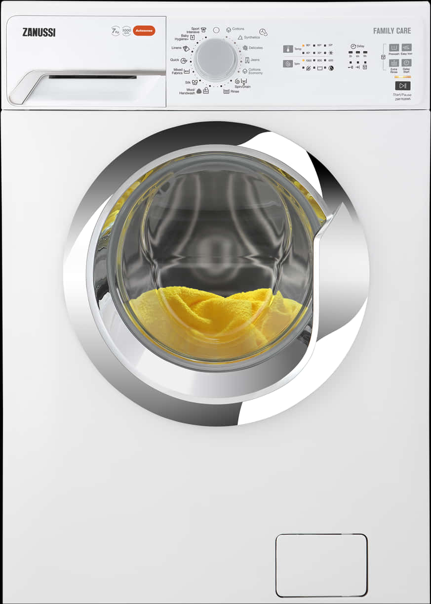 A Washing Machine With A Yellow Cloth Inside