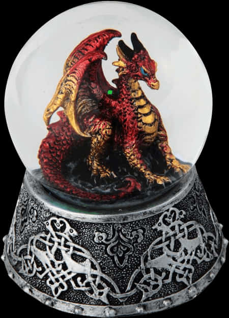 A Red And Gold Dragon In A Snow Globe