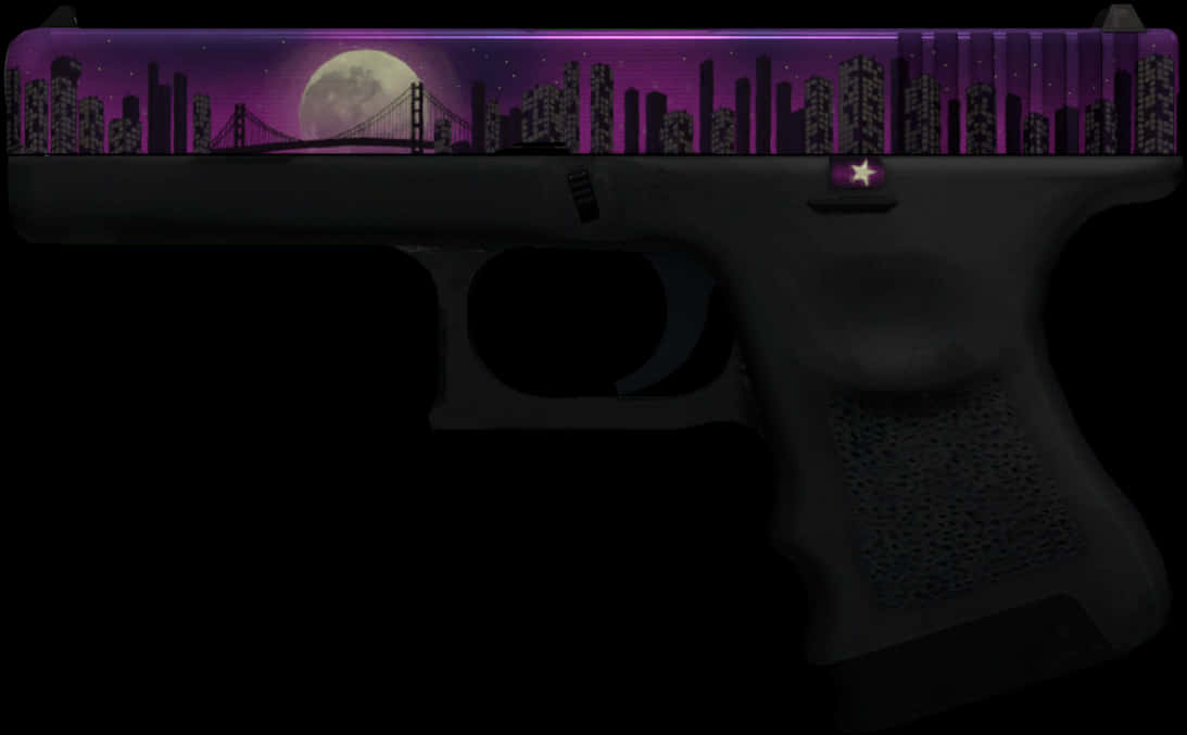 A Gun With A City Skyline And A Moon