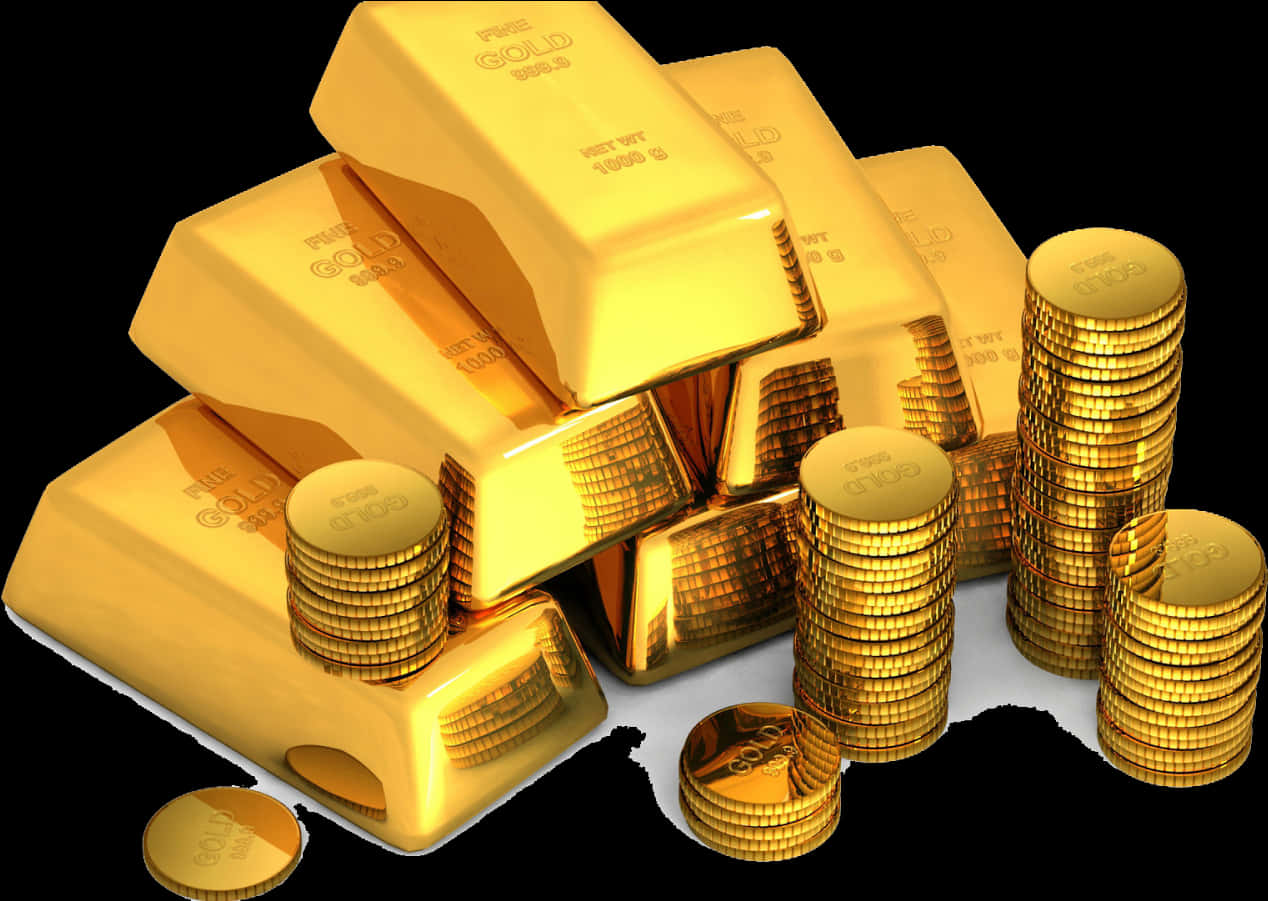 A Stack Of Gold Bars And Coins