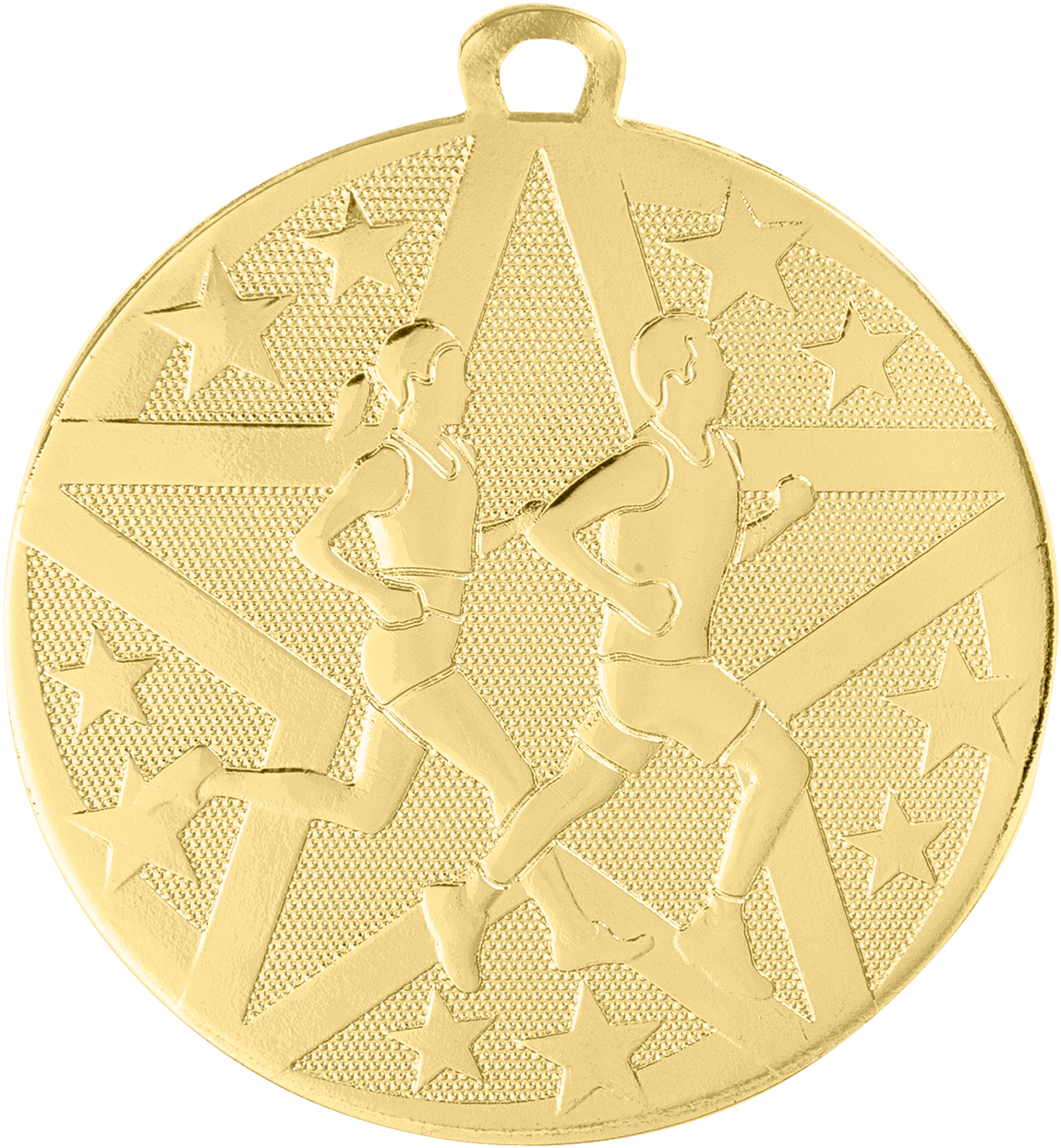 A Gold Medal With A Couple Of People Running