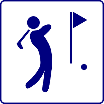 A Blue And White Sign With A Golf Club And Flag