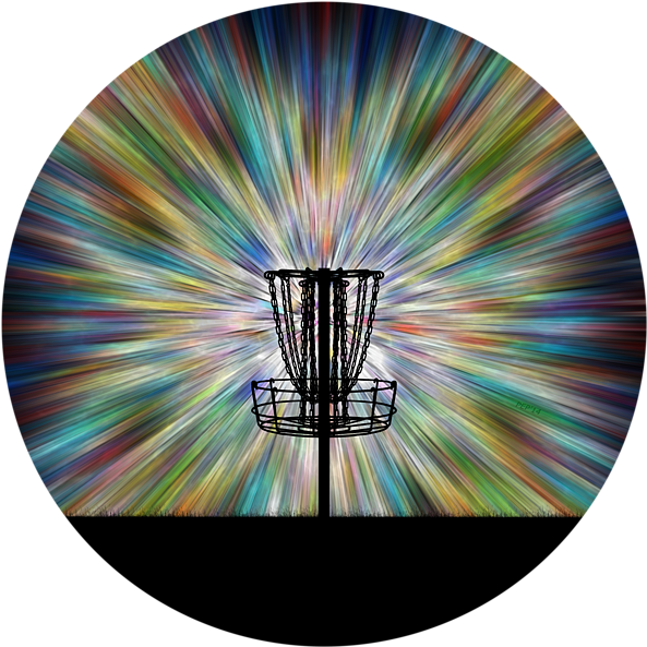 A Disc Golf Basket In Front Of A Colorful Burst
