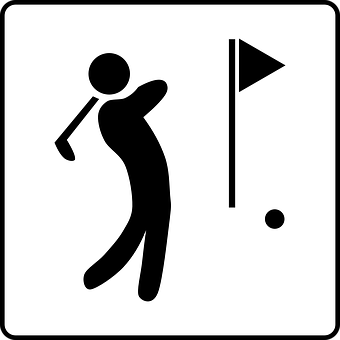 A Black And White Sign With A Golf Club And Flag