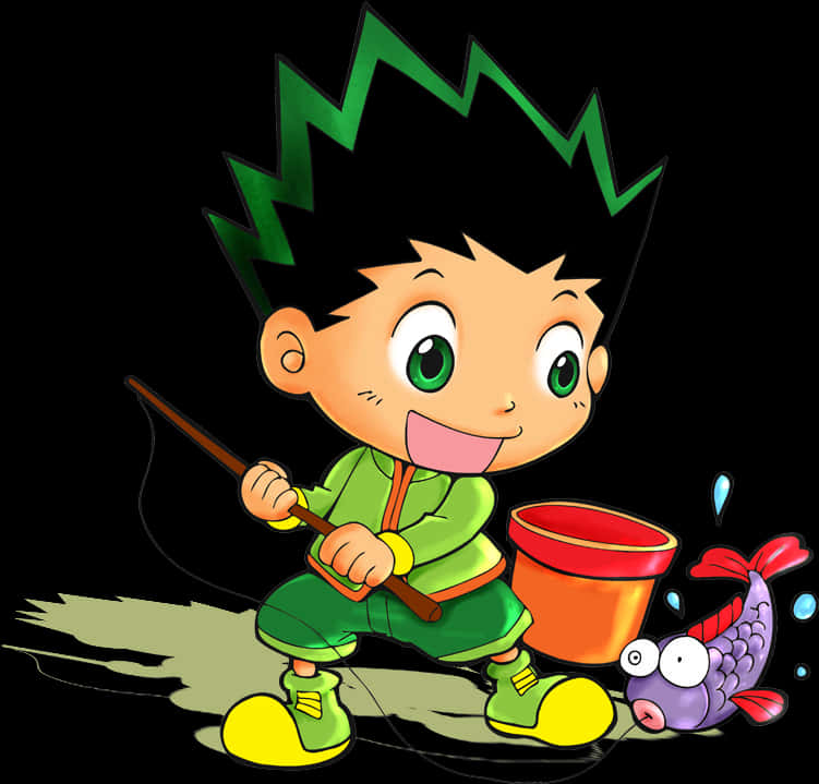 A Cartoon Of A Boy Fishing