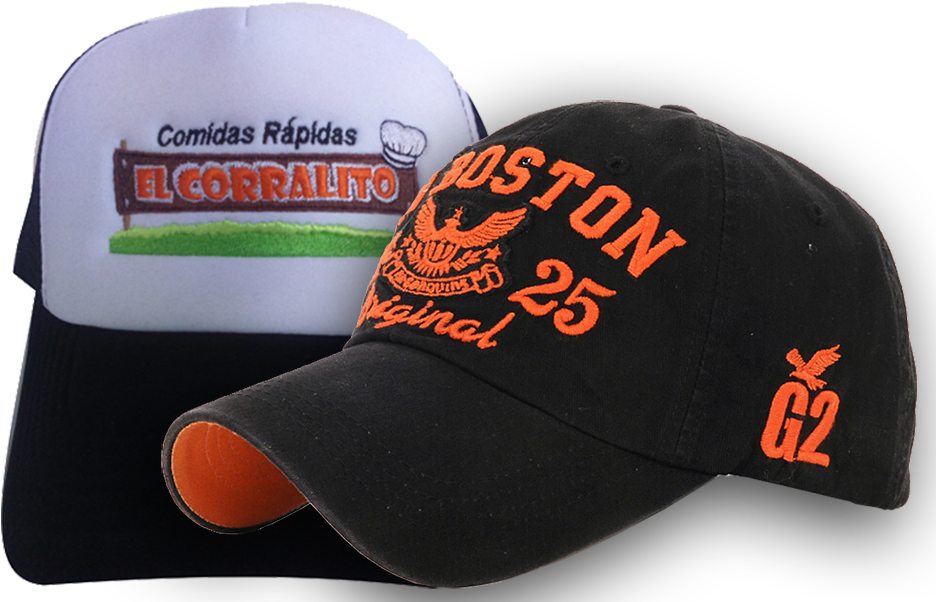 A Pair Of Hats With An Orange Logo