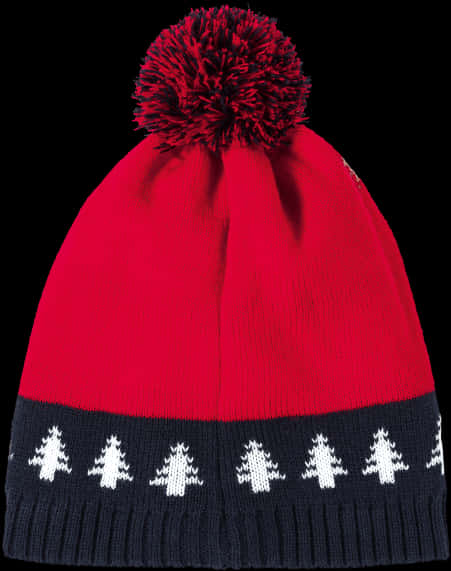 A Red And Black Knit Hat With White Trees On It