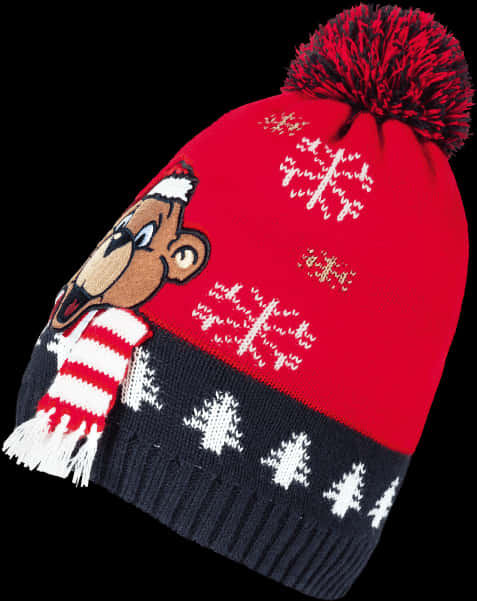 A Red And Black Knit Hat With A Bear On It