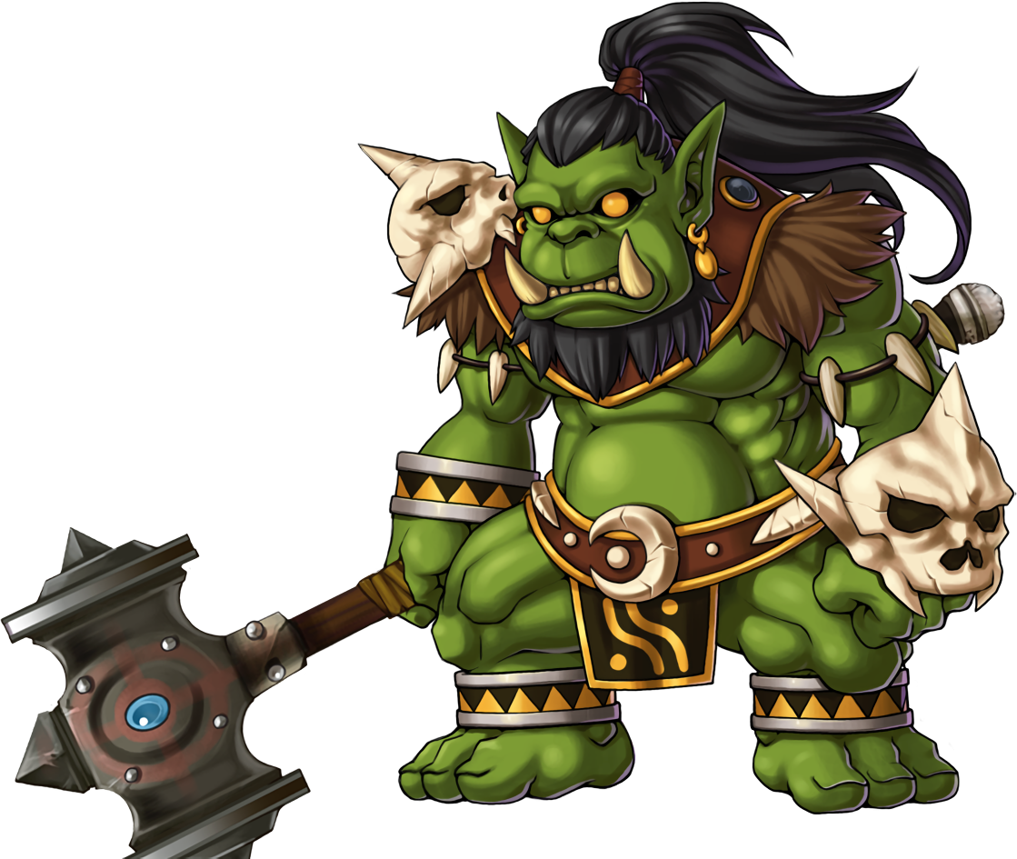 A Cartoon Of A Green Orc With Skull And Hammer
