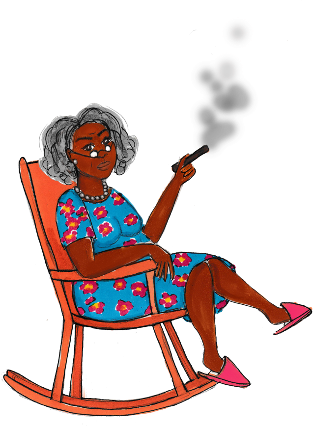 A Woman Sitting In A Chair Smoking A Cigar