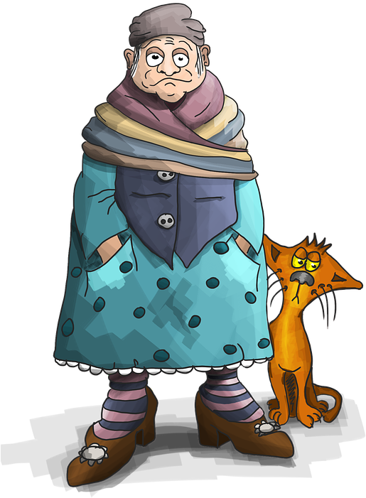 A Cartoon Of An Old Woman And A Cat