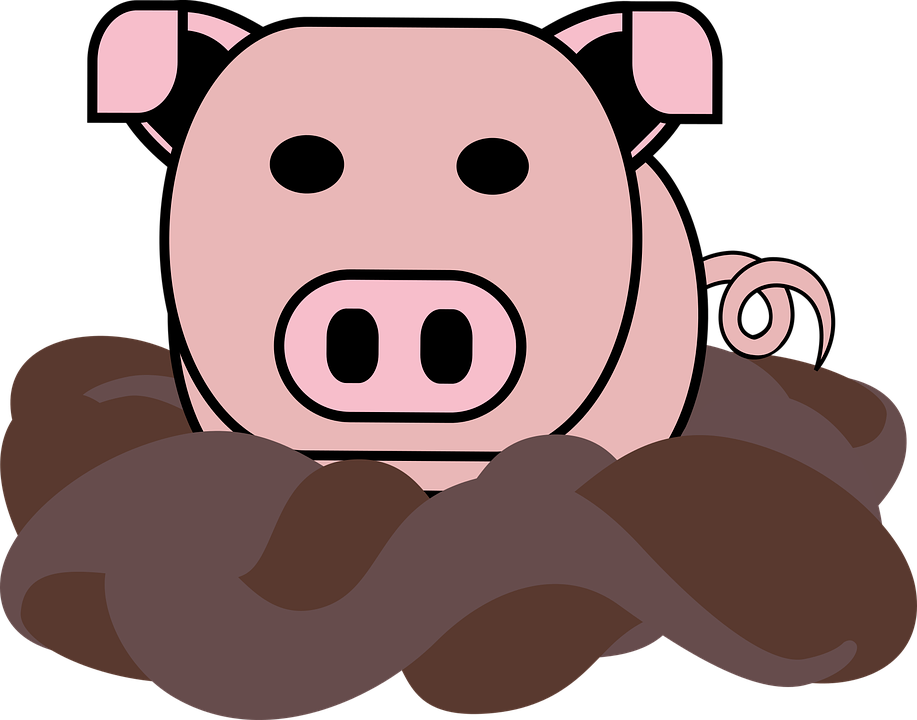 A Cartoon Pig In A Pile Of Brown Dirt