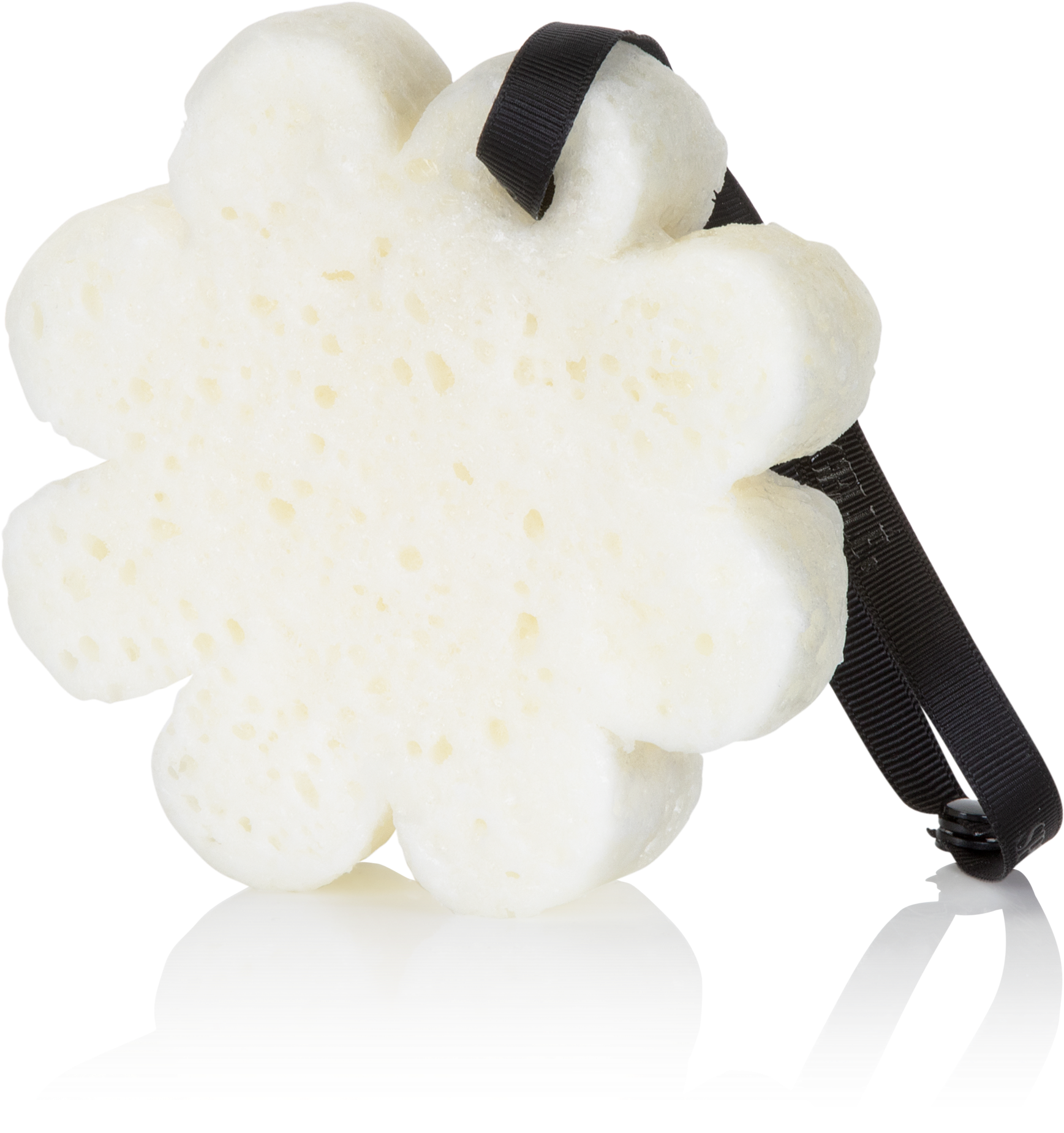 A White Flower Shaped Object With A Black Strap