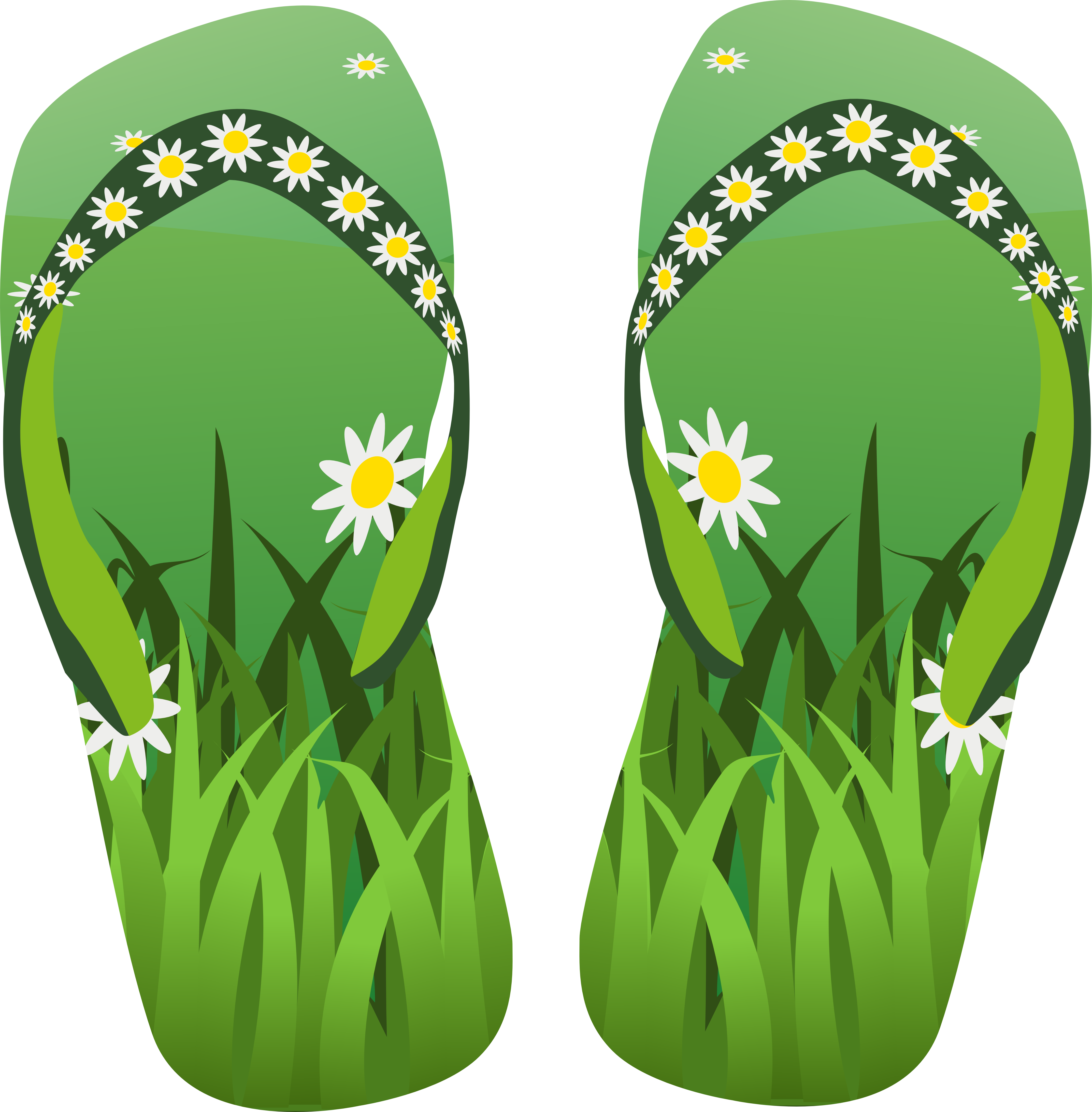 A Pair Of Flip Flops With Flowers And Grass