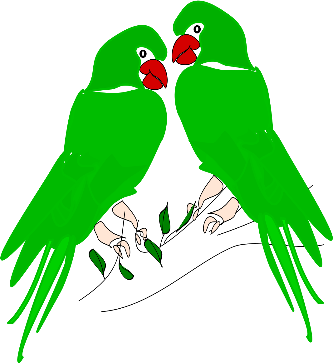 A Pair Of Green Birds With Red Beaks