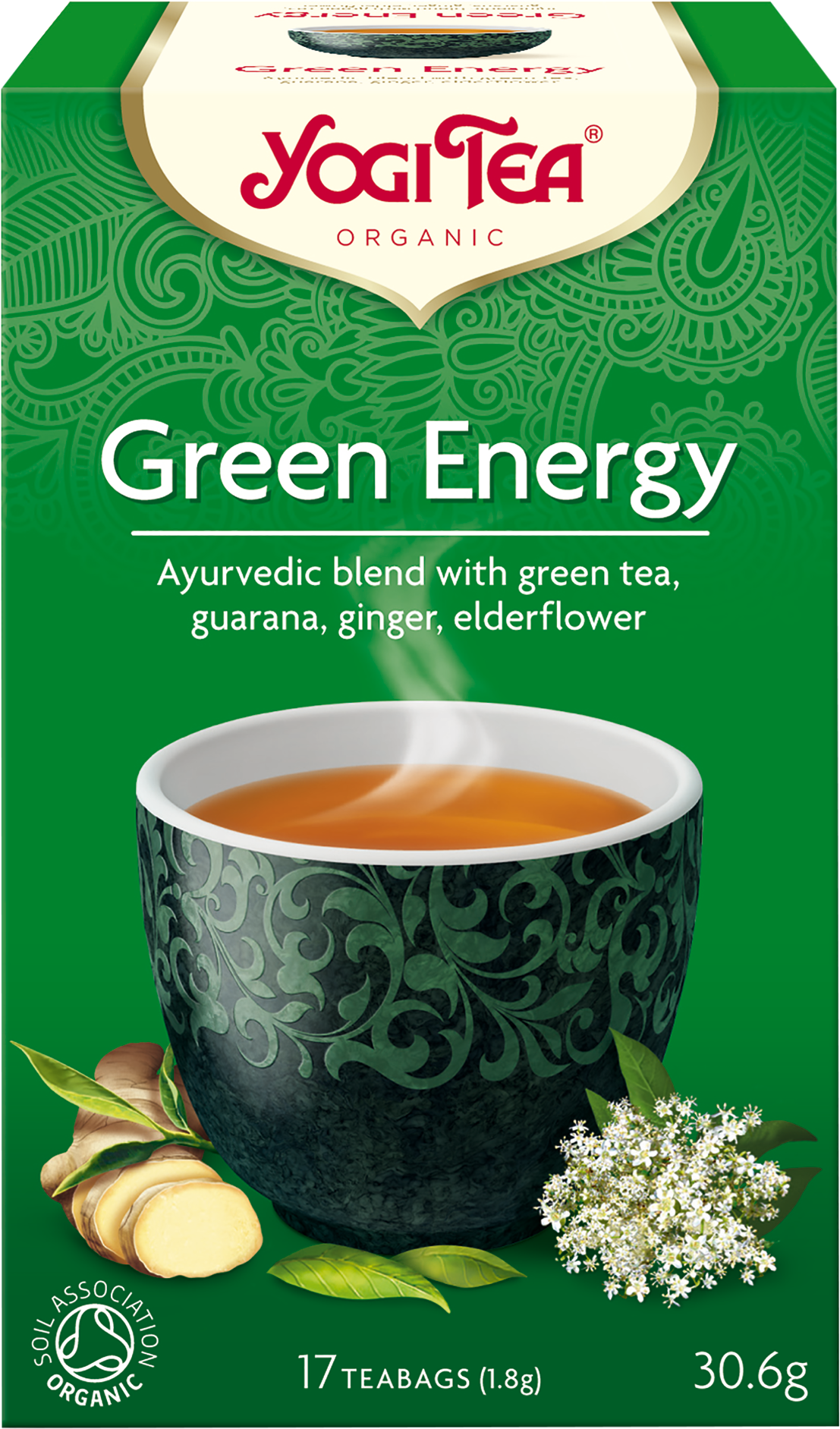 A Green Tea Package With A Cup Of Tea