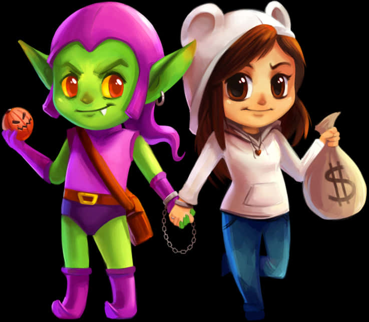 Cartoon Of A Girl And A Green Goblin Holding Hands