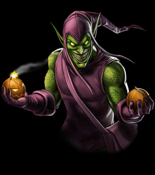 A Green Goblin Holding Two Pumpkins