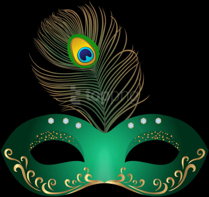 A Green Mask With Gold And Green Feathers