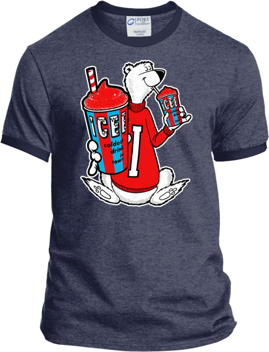 A T-shirt With A Cartoon Image Of A Polar Bear Holding A Beverage