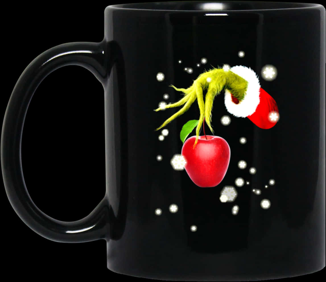 A Black Mug With A Green Hand Holding A Red Apple