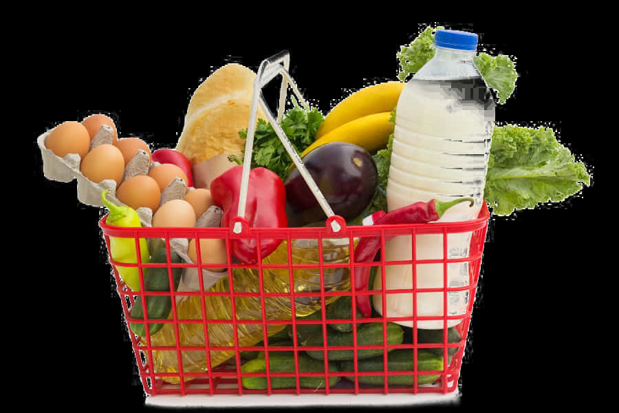 A Red Shopping Basket Full Of Food