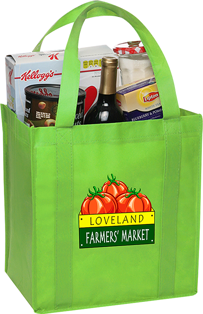 A Green Shopping Bag With Food And Drink Inside