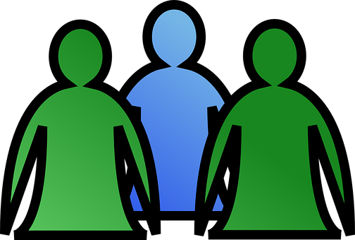 A Group Of People In Green And Blue