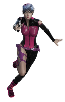 A Woman In A Pink And Black Garment Holding A Gun