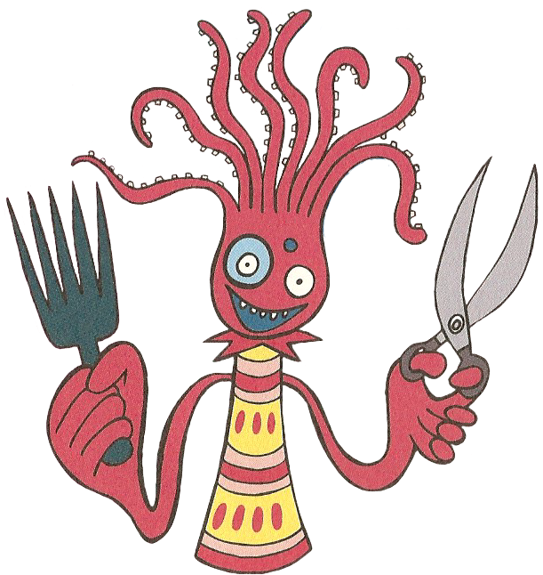 A Cartoon Of A Pink Monster Holding A Fork And Knife