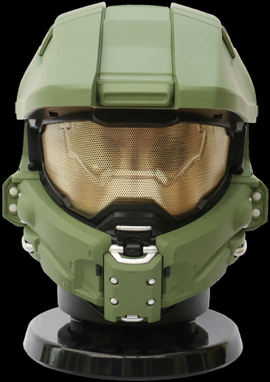 A Green Helmet With A Gold Face Mask