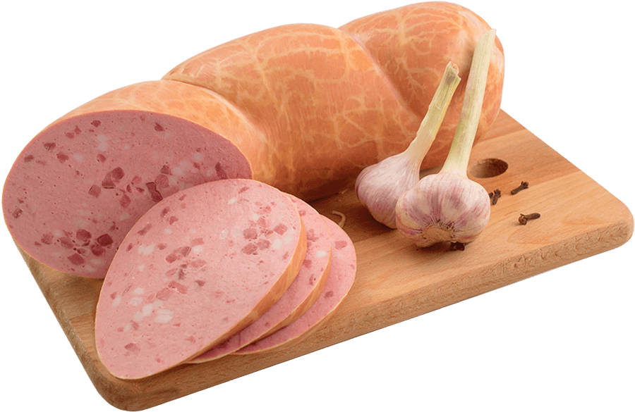 A Sliced Meat And Garlic On A Cutting Board