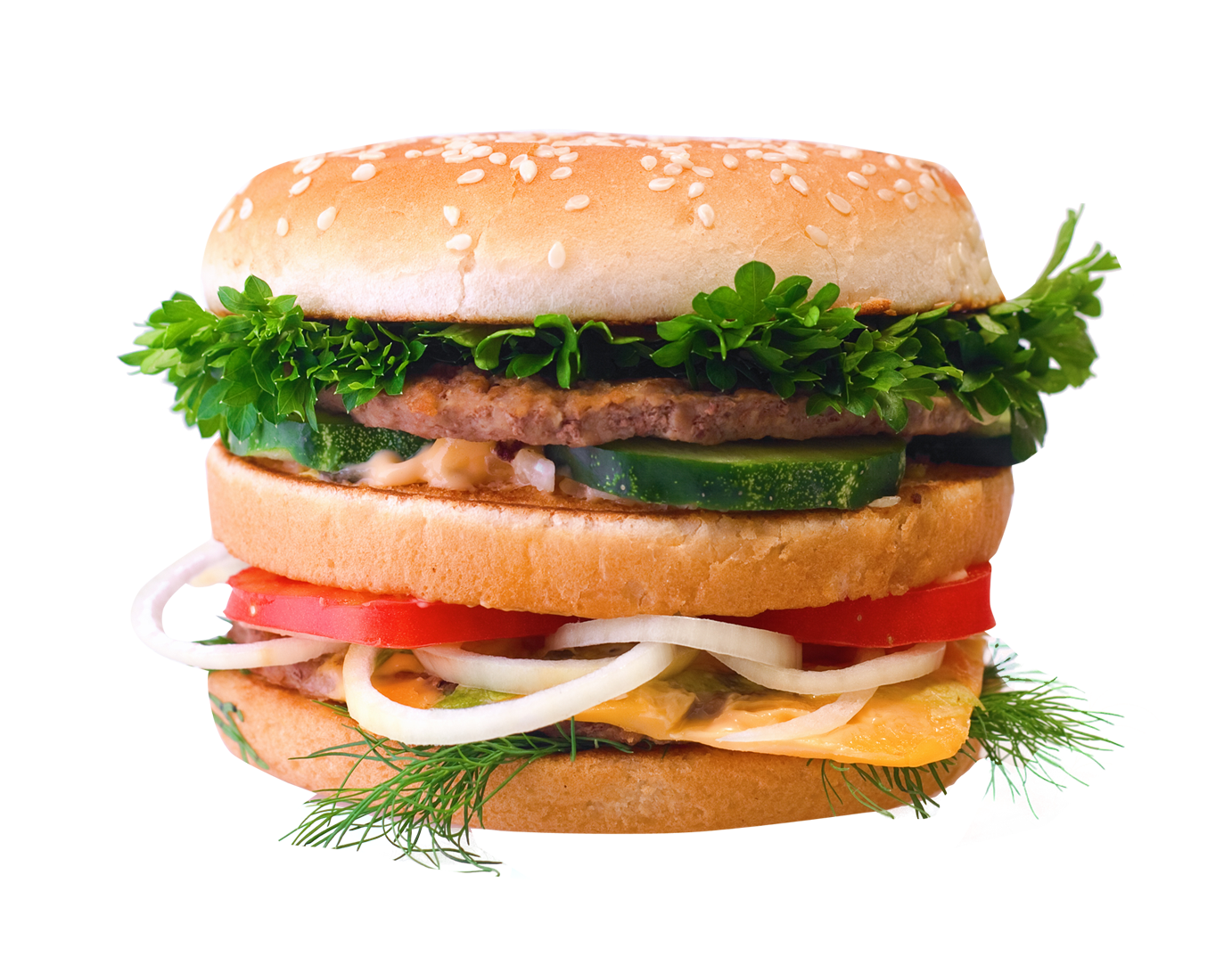 A Large Burger With Vegetables And Cheese