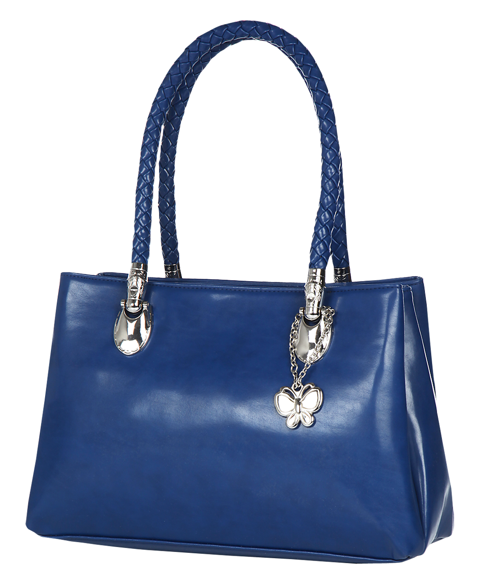 A Blue Purse With A Silver Butterfly Pendant