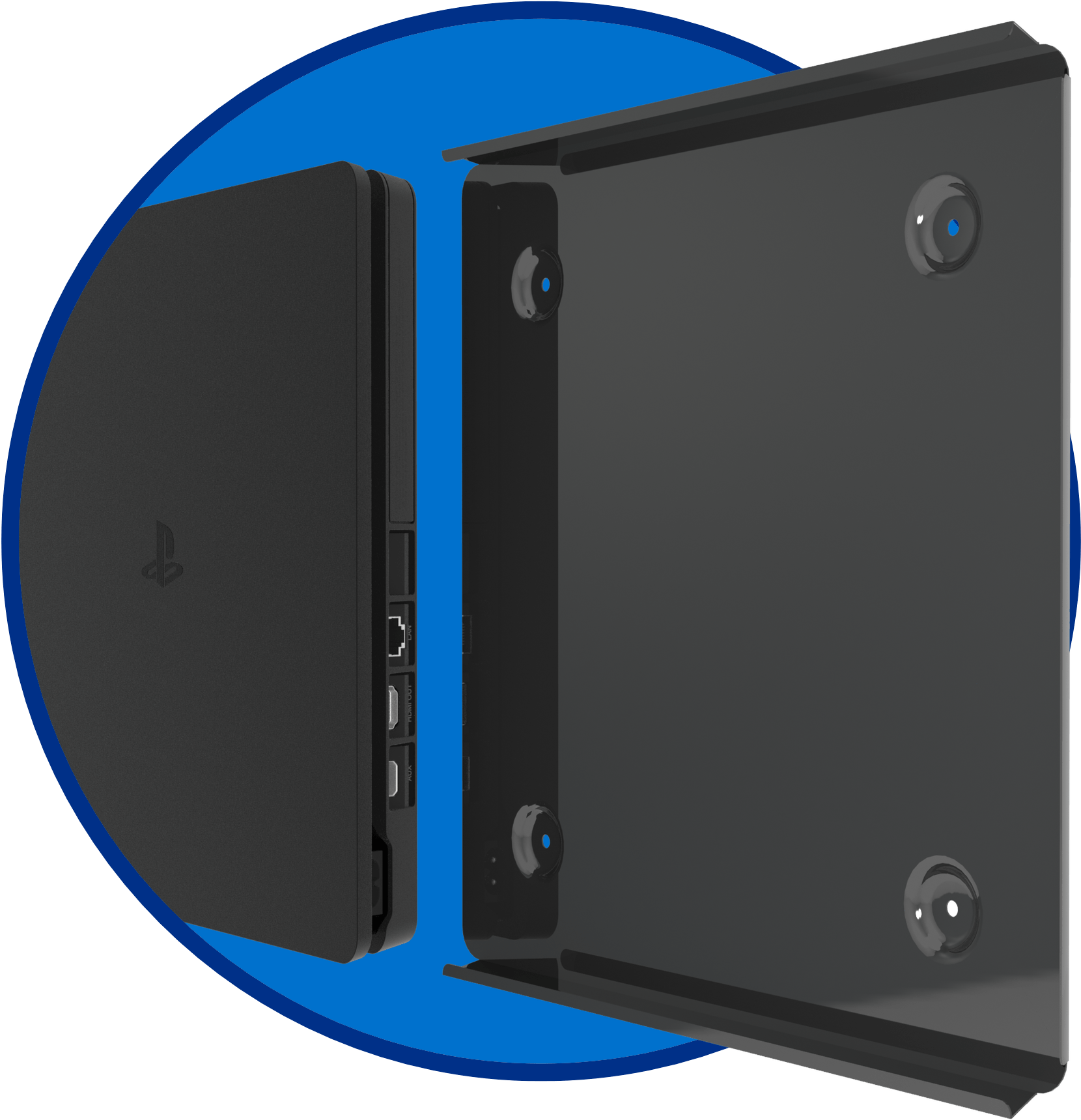 A Black Rectangular Device With A Blue Circle