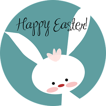 A White Bunny With Long Ears And A Blue Circle With Black Text