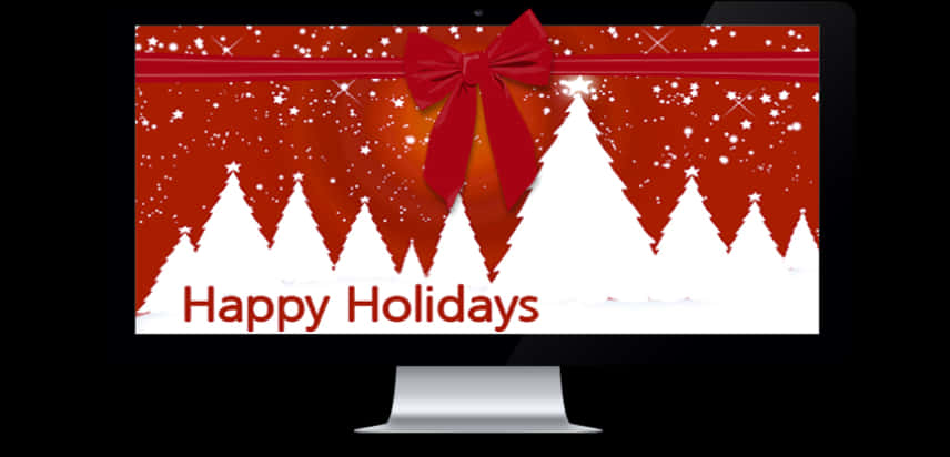 A Computer Screen With A Red Bow And White Trees