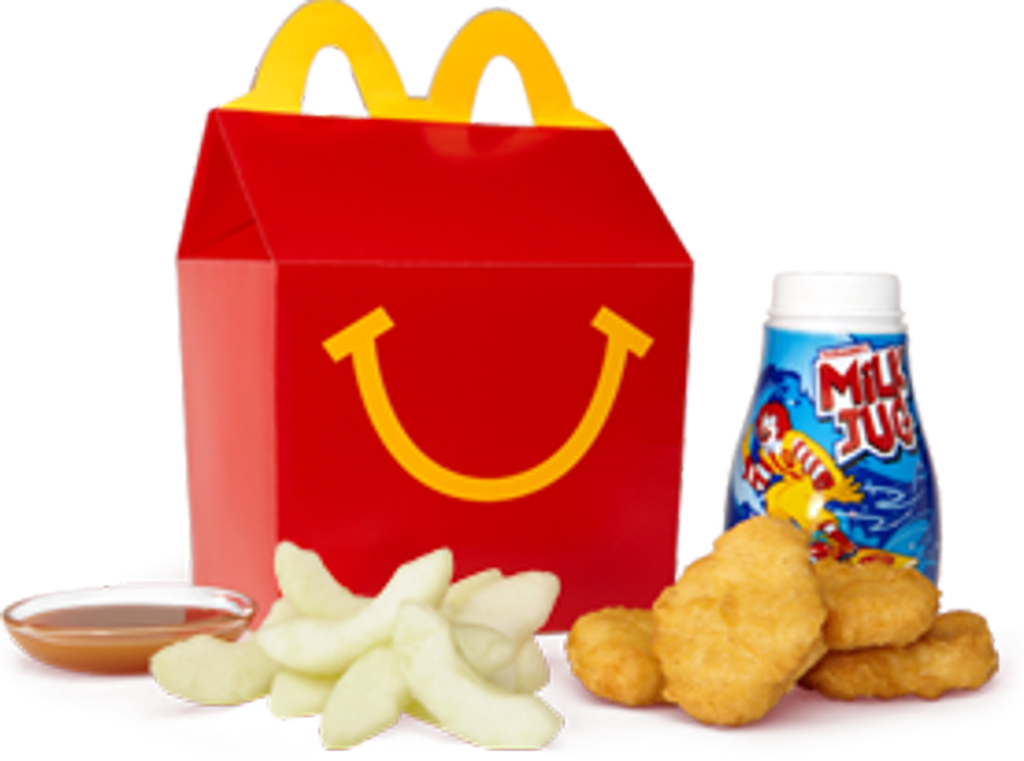 A Red Box With A Yellow Smiley Face And Chicken Nuggets And A Drink